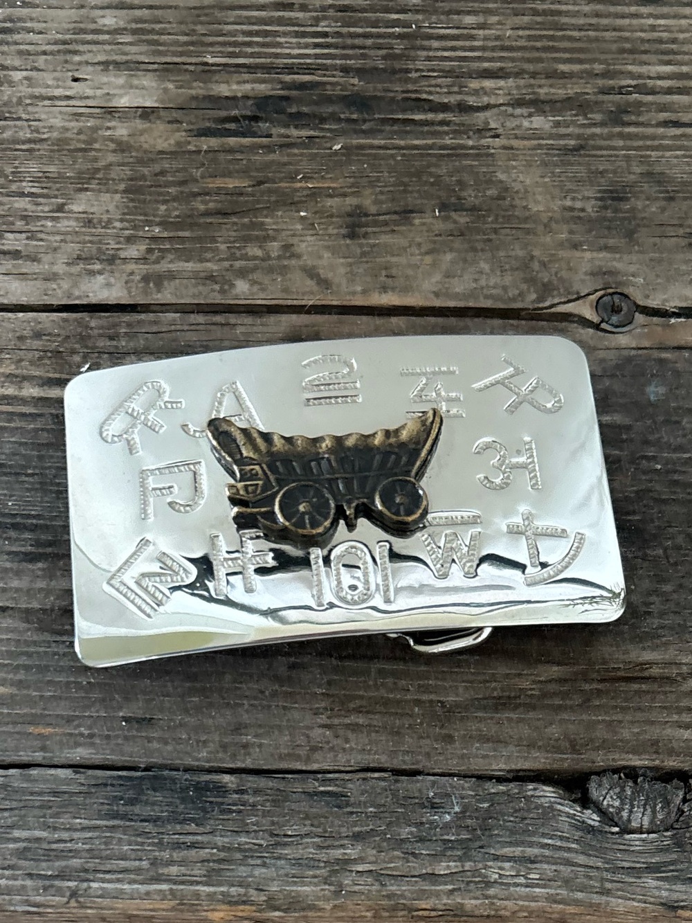 Vintage Rancher Western Polished Silver-Tone Belt Buckle, Coveted Wagon, USA